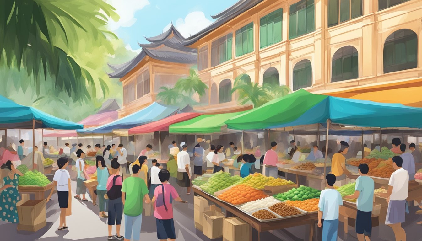 A bustling Singapore street market with colorful food stalls selling traditional tutu kueh, surrounded by eager customers and the aroma of coconut and pandan