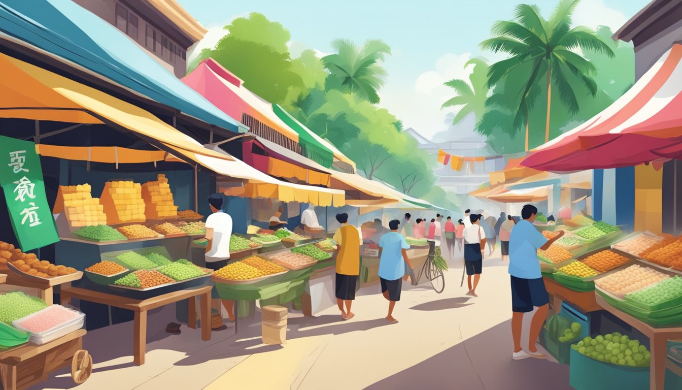 A bustling street market with colorful stalls selling fresh, steaming tutu kueh, surrounded by eager customers and the aroma of coconut and pandan