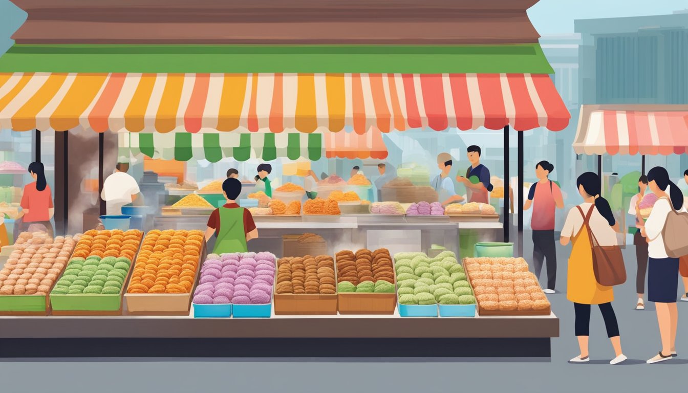 A colorful display of tutu kueh at a bustling market in Singapore, with vendors serving customers and stacks of the traditional steamed rice cakes