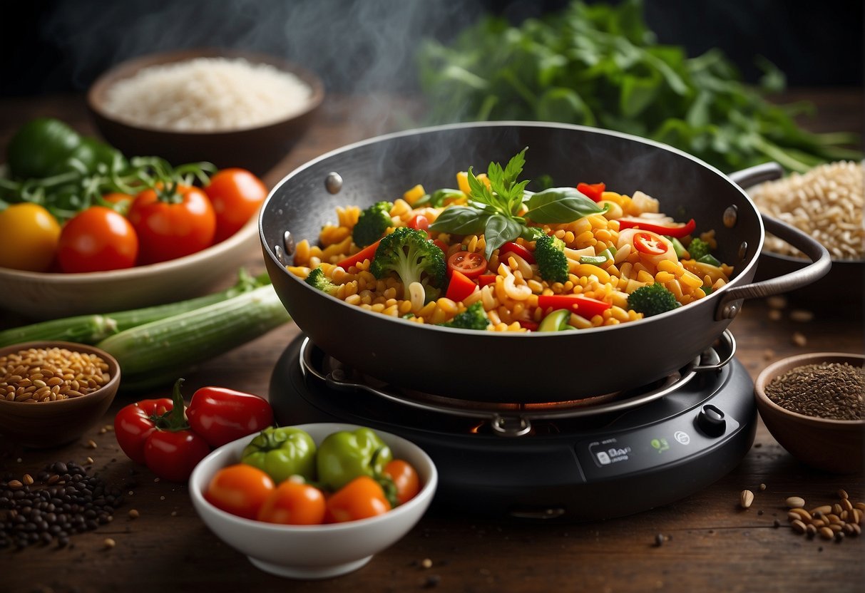A wok sizzles with fresh vegetables and lean protein, surrounded by colorful spices and herbs. A steaming pot of whole grain rice sits nearby