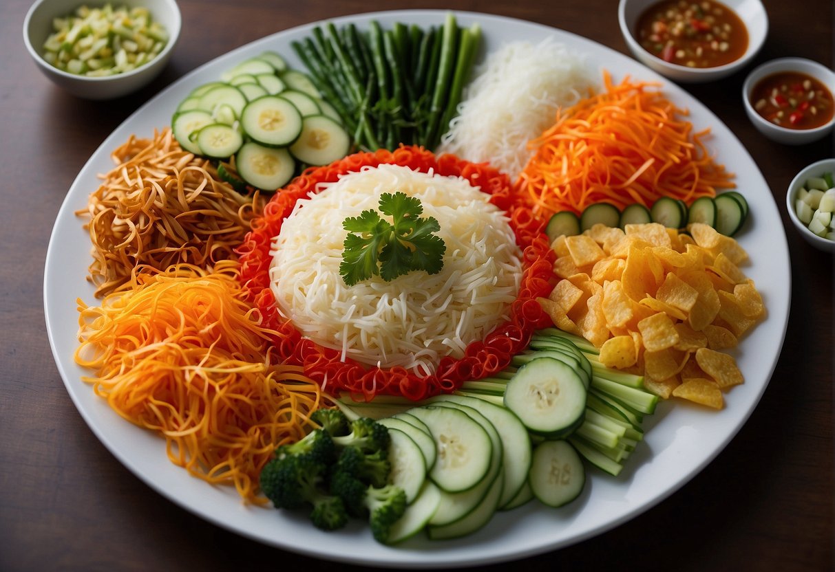 A colorful spread of shredded vegetables, fish, and sauces arranged in a circular pattern on a large platter for the traditional Chinese New Year yu sheng recipe