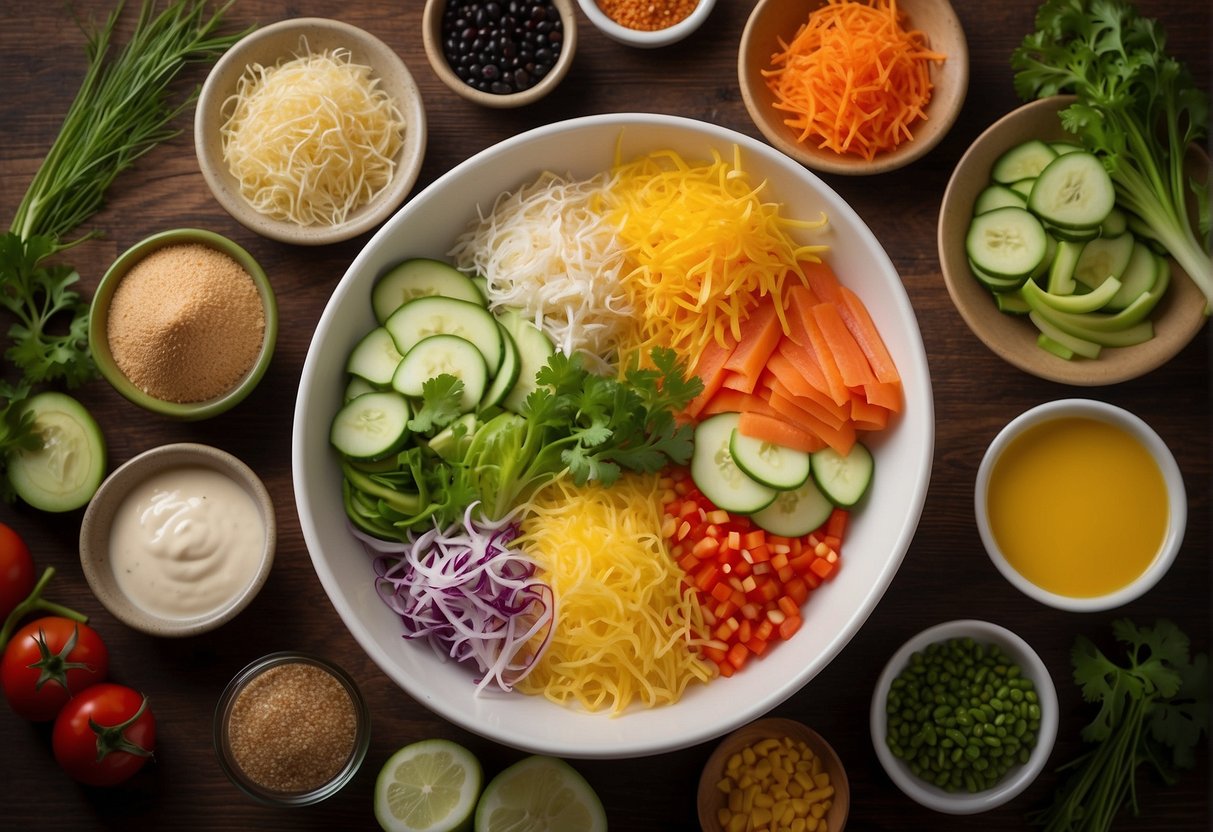 Colorful ingredients arranged in a circular pattern, with shredded vegetables, raw fish, and various condiments, surrounding a central bowl of dressing