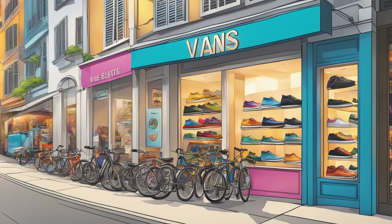 A bustling street in Singapore with a prominent shoe store sign displaying "Vans" and a variety of colorful shoes on display in the window
