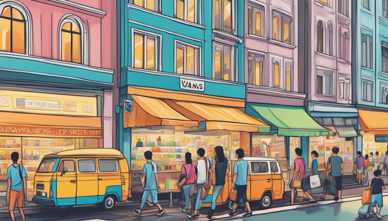 A bustling street in Singapore with colorful Vans storefronts, displaying a variety of Vans shoes and merchandise. Pedestrians walking by, some stopping to admire the window displays