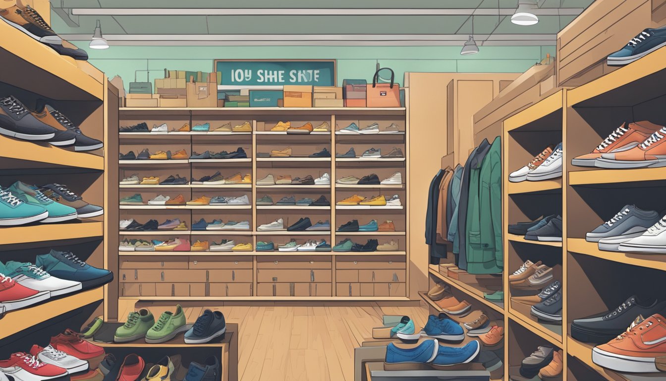 Shoe store interior with shelves of Vans shoes, signage, and customers browsing