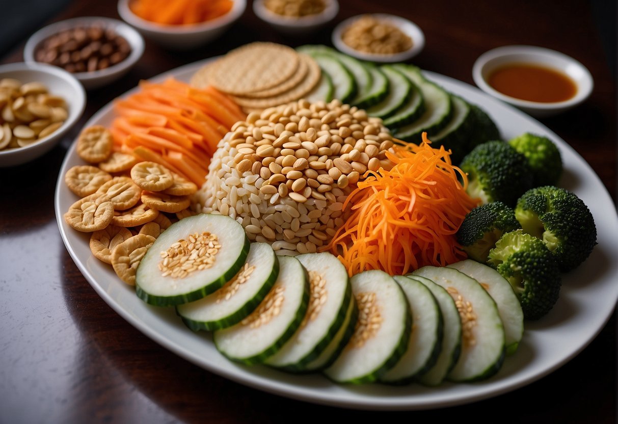 A vibrant array of shredded vegetables, raw fish slices, plum sauce, peanuts, sesame seeds, and crispy crackers arranged on a large platter