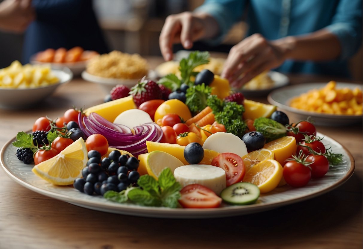 Colorful ingredients arranged on a large plate, surrounded by a group of people eagerly reaching for the various components