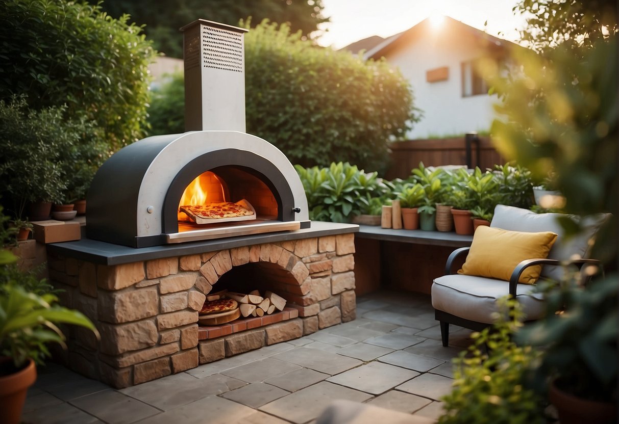 An outdoor pizza oven sits in a lush backyard, surrounded by a cozy seating area. The oven is sleek and modern, emitting a warm glow as it cooks a perfect pizza