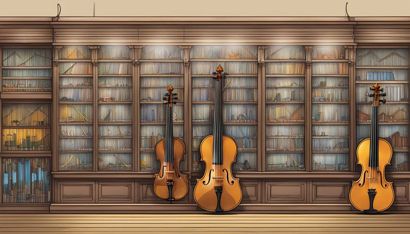 A music shop display with various violin strings in Singapore