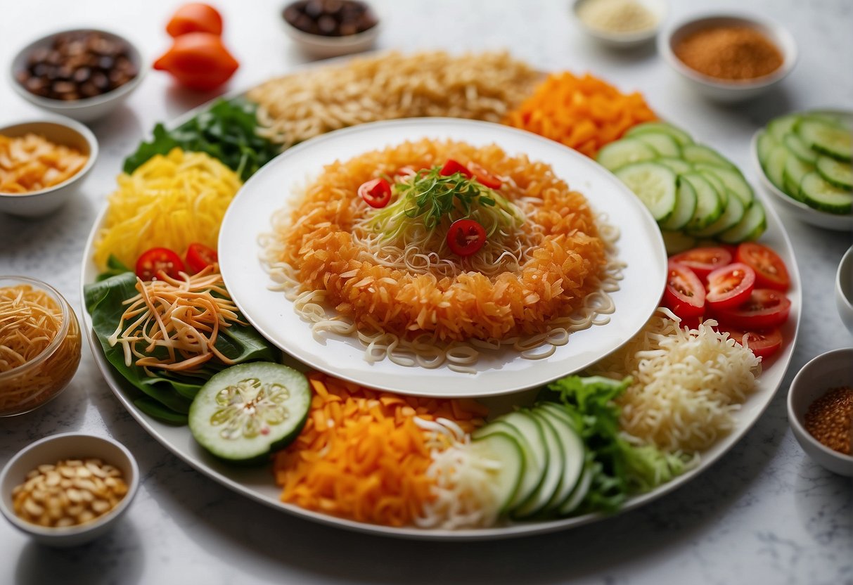 A colorful array of fresh ingredients arranged in a circular pattern, with chopsticks poised to toss the yu sheng salad, symbolizing prosperity and good fortune for Chinese New Year