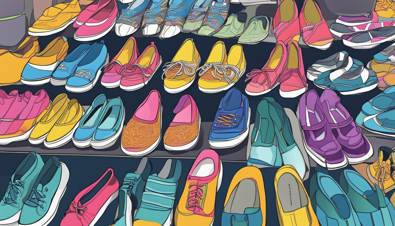 A bustling marketplace in Singapore displays a variety of water shoes for sale. Brightly colored displays catch the eye of passersby