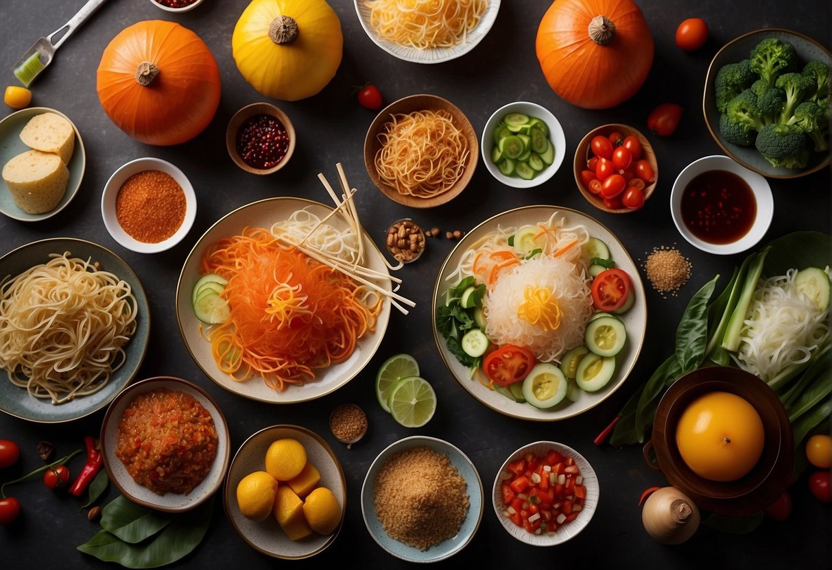 A vibrant table set with various ingredients for a Chinese New Year yu sheng recipe, including fish, vegetables, and sauces, surrounded by festive decorations
