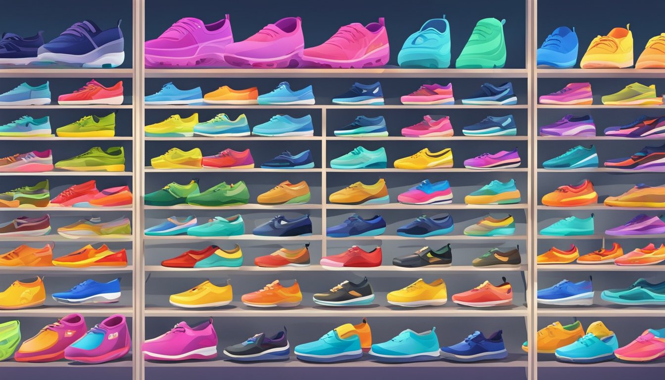 Colorful display of water shoes in various styles and sizes at a shop in Singapore. Bright lights illuminate the shelves, showcasing the latest designs for outdoor water activities