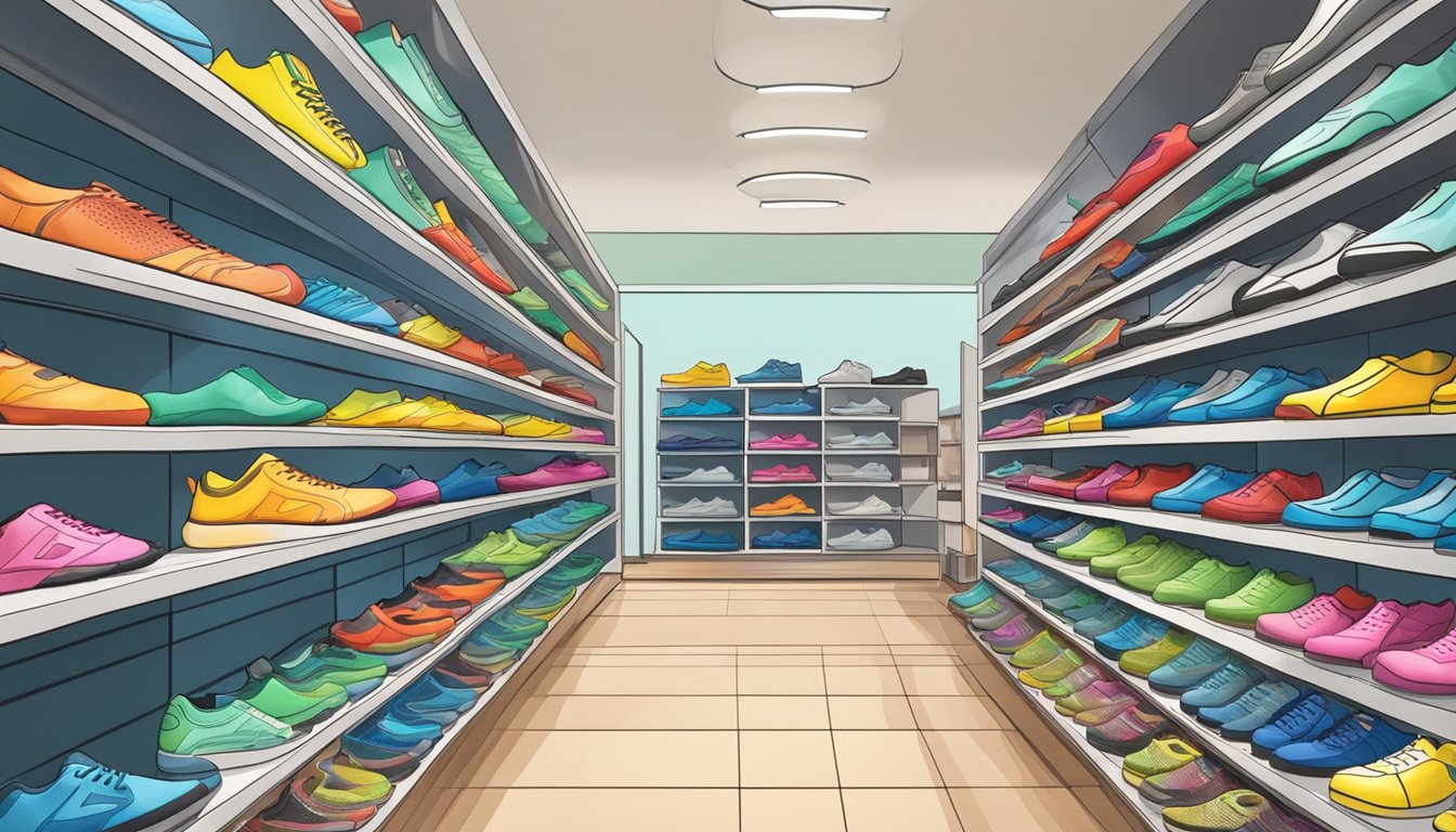 A display of water shoes in a Singapore store, with various styles and sizes neatly arranged on shelves