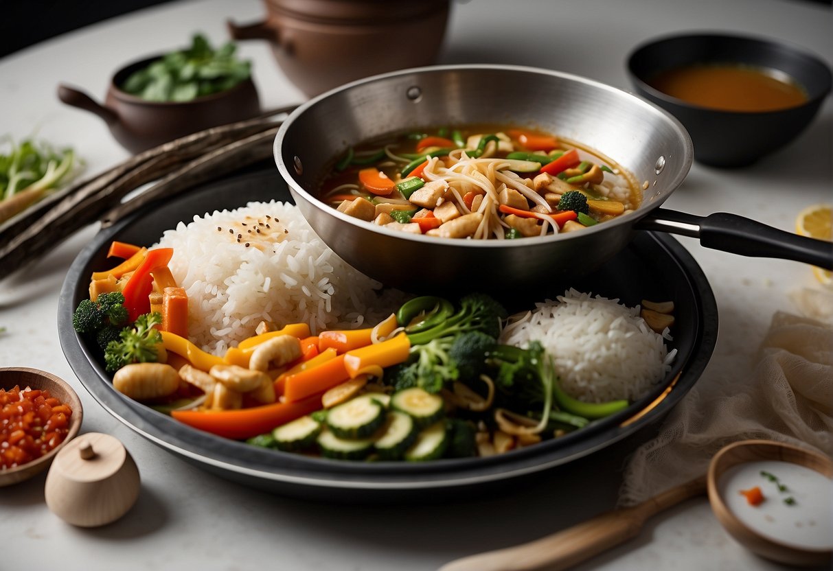 A wok sizzles with stir-fried vegetables, while a pot simmers with fragrant broth. A steaming bowl of rice sits on the table, surrounded by various spices and sauces