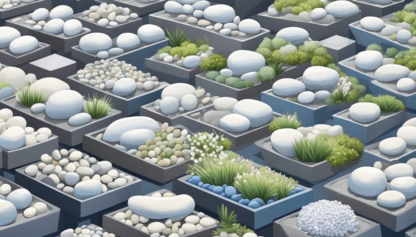 A serene garden shop displays a variety of white pebbles in Singapore, neatly arranged in rows and piles, ready for purchase