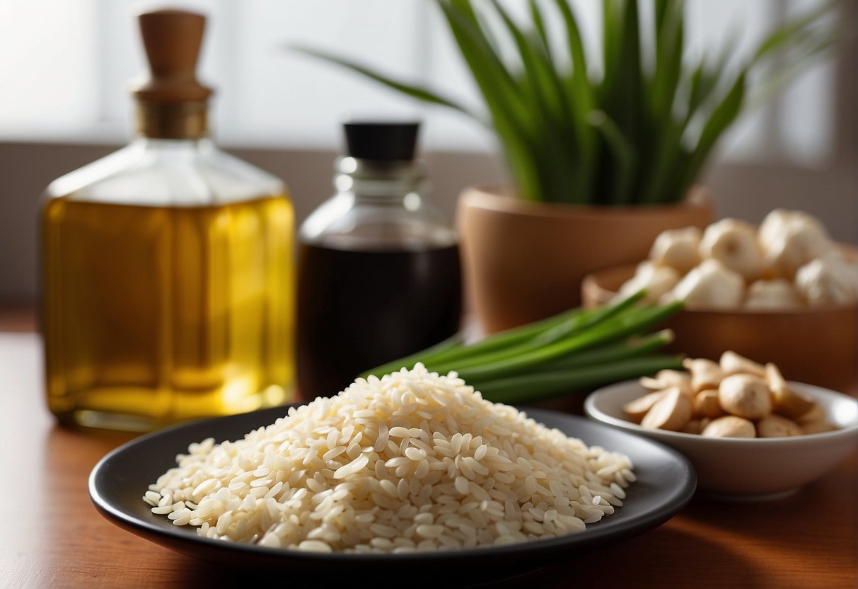 A kitchen counter with various Chinese cooking ingredients: soy sauce, ginger, garlic, green onions, sesame oil, and rice vinegar