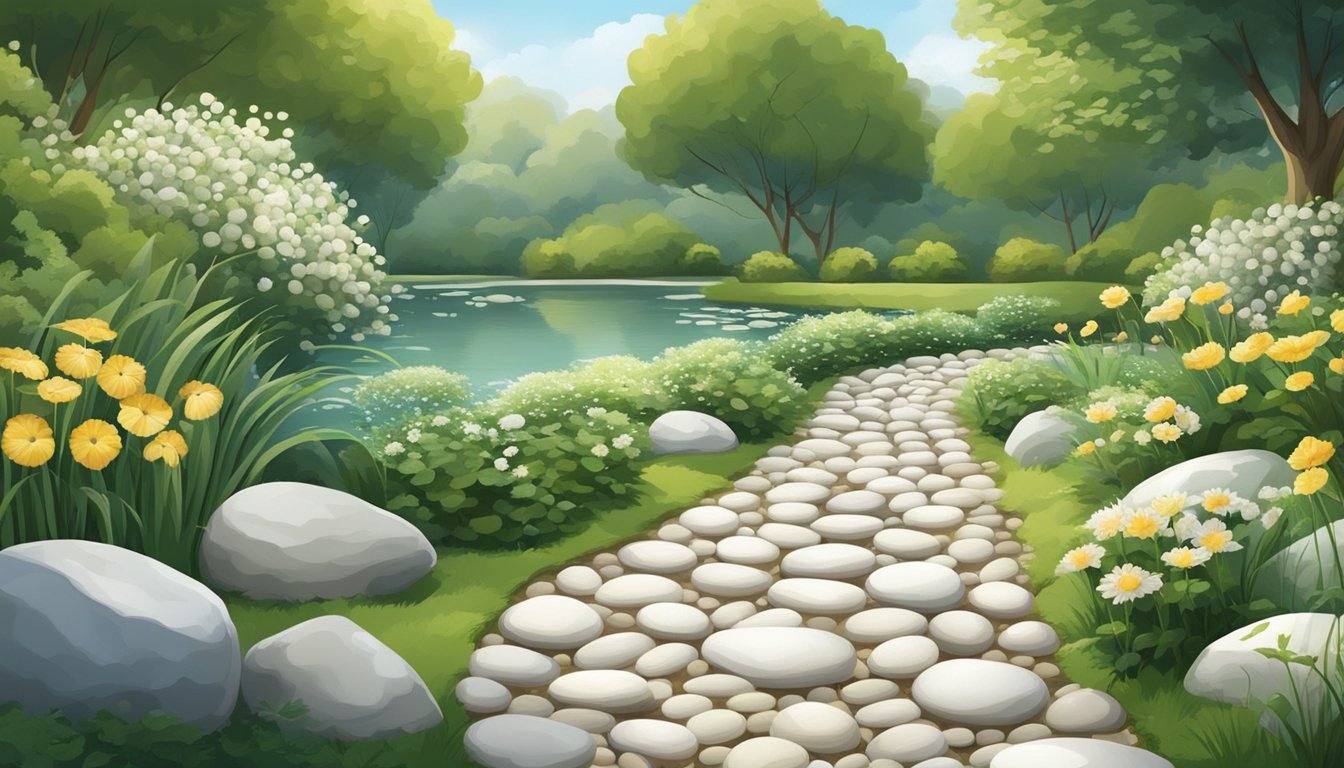 A garden path lined with white pebbles, leading to a tranquil pond. A variety of white pebbles in different sizes and shapes scattered around the pond's edge