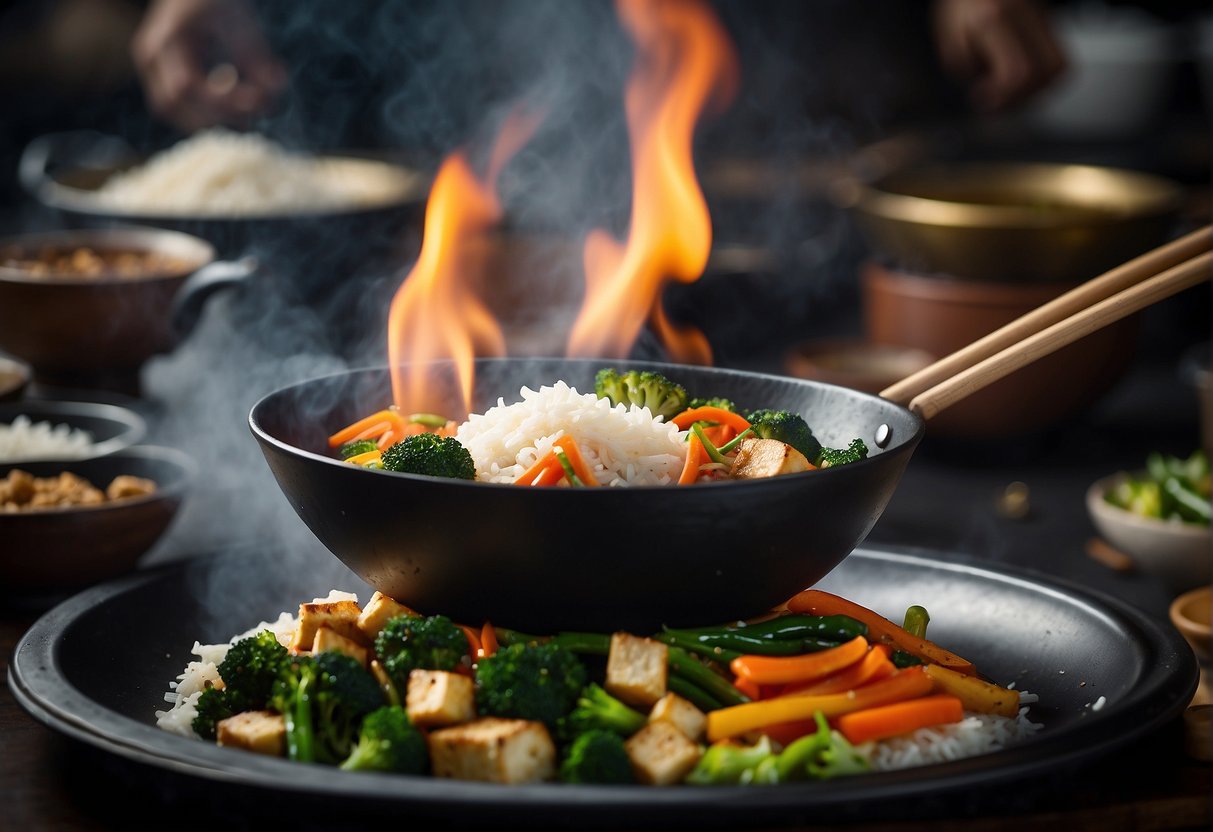 A wok sizzles with stir-fried vegetables and tofu. Steam rises as a chef adds soy sauce and spices. A bowl of rice sits nearby