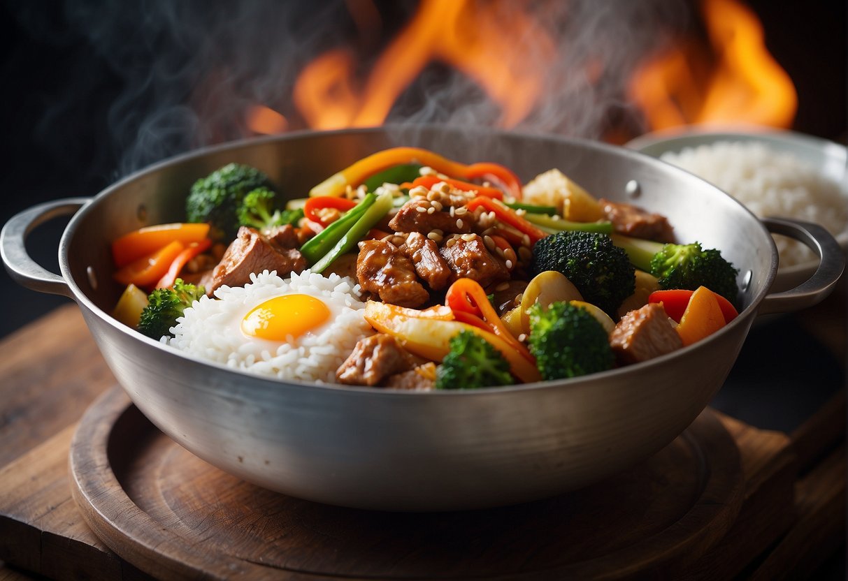A steaming wok sizzles with stir-fried veggies and tender slices of meat. A bowl of fluffy white rice sits nearby, ready to be served