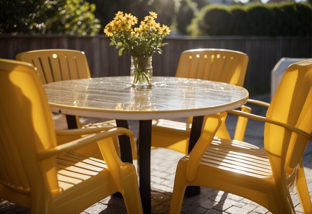 A sunny outdoor patio with a table and chairs coated in water-based polyurethane. The furniture is protected from the elements, showcasing the advantages of this type of polyurethane for outdoor use