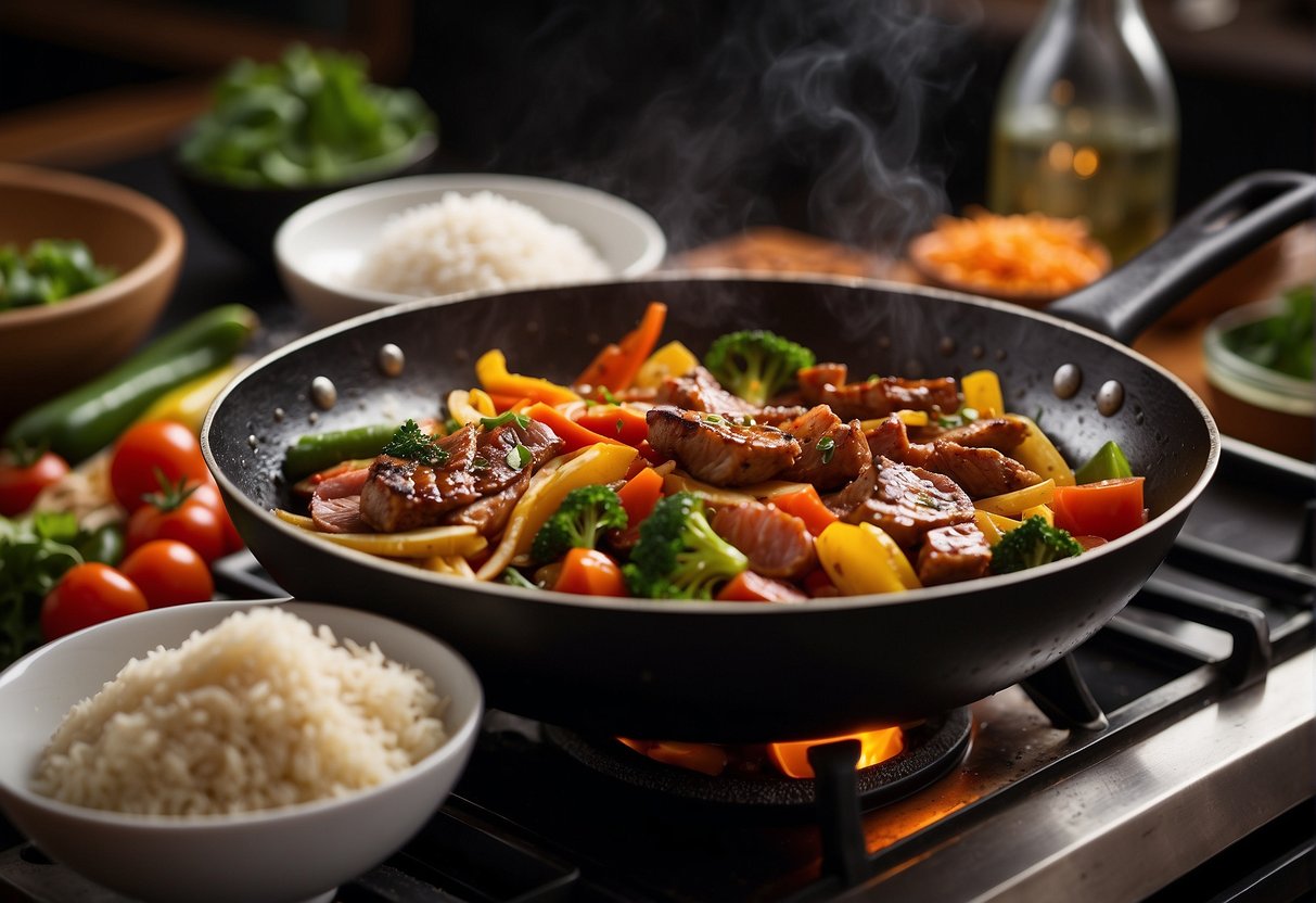 A sizzling wok on a stovetop, filled with colorful vegetables and strips of meat, with a bottle of soy sauce and a bowl of rice nearby