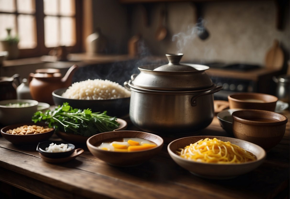 A cozy kitchen with traditional Chinese ingredients and cooking utensils laid out on a wooden table. A pot of simmering broth fills the room with aromatic flavors
