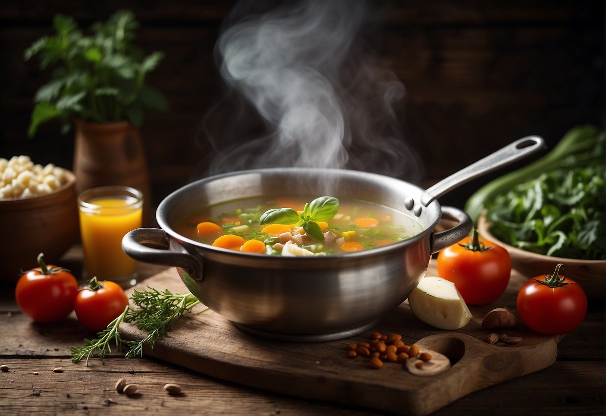 A steaming pot of savoury soup surrounded by fresh vegetables and aromatic spices on a rustic wooden table