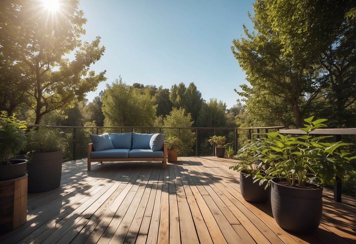 A sunny outdoor setting with trees, plants, and a wooden deck, showcasing a clear blue sky and minimal air pollution