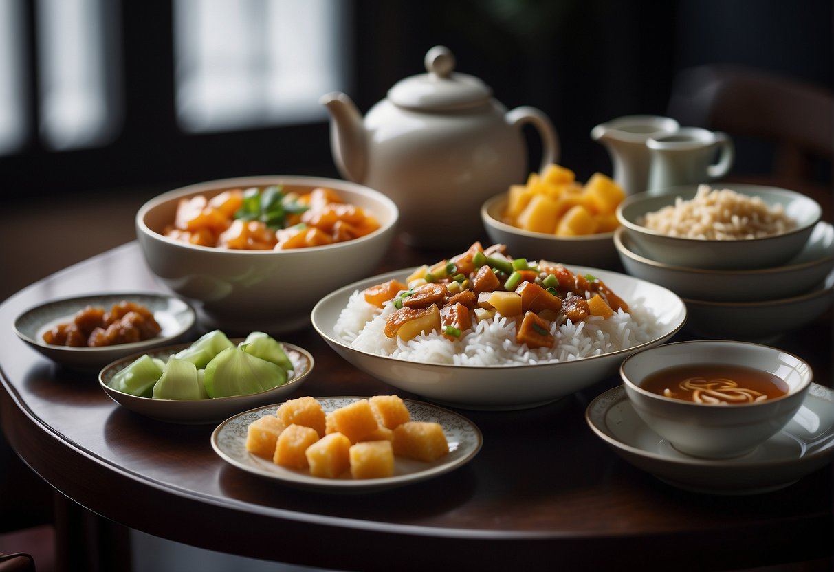 A table set with various Chinese dishes, including sweet and sour specials, with chopsticks and a teapot on the side
