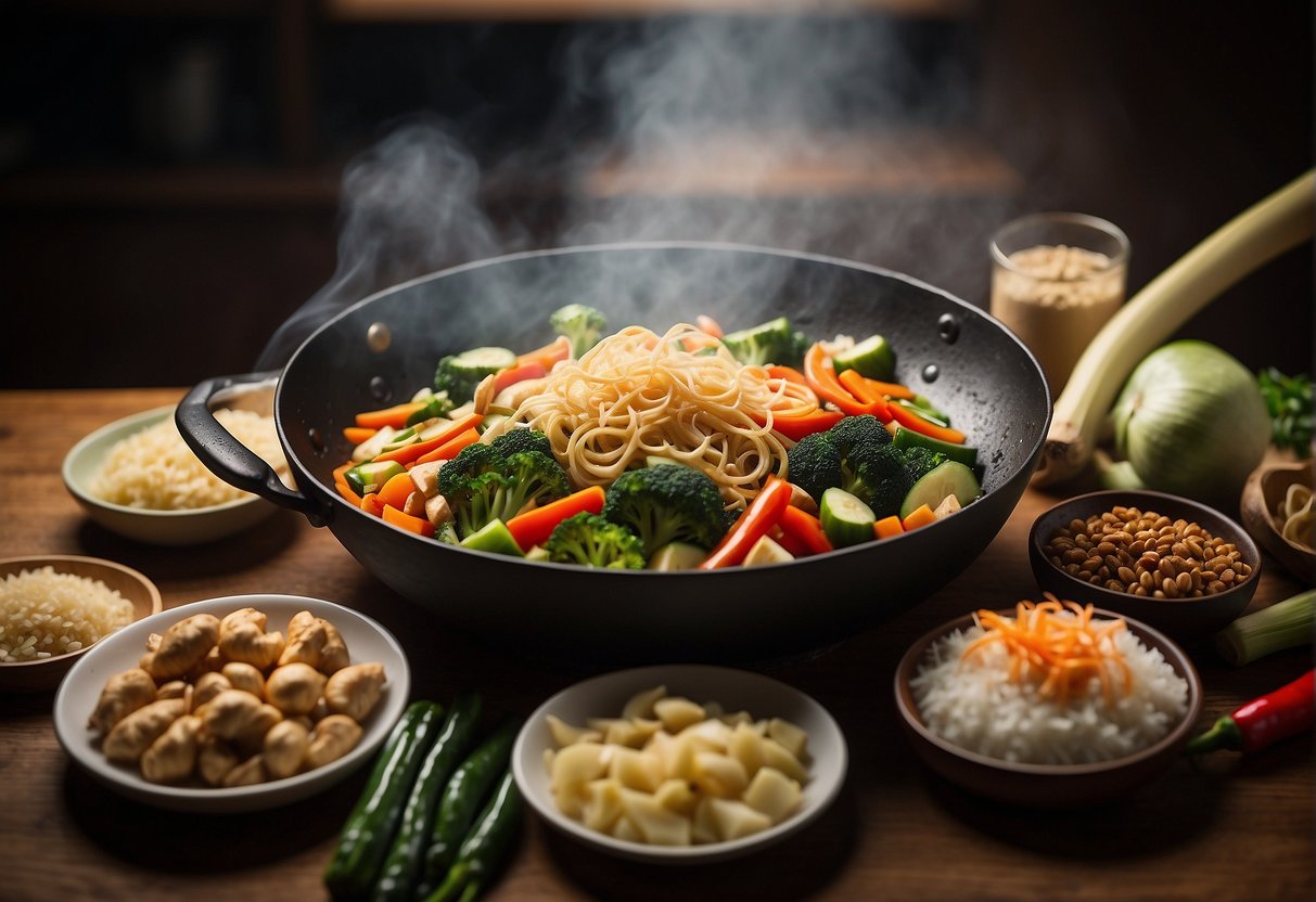 A table filled with ingredients like soy sauce, ginger, garlic, and vegetables. A wok sizzling with stir-fry, while a cookbook lays open to simple Chinese recipes