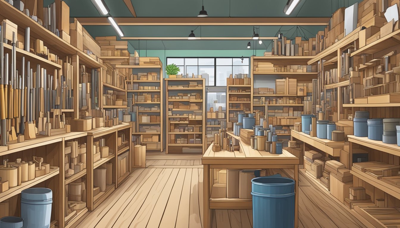 A bustling hardware store in Singapore displays a variety of wood types and sizes for DIY projects