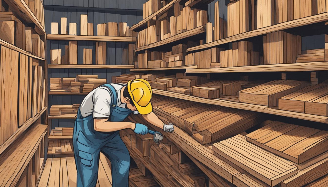 A person browsing through various types of wood at a lumberyard or hardware store in Singapore, carefully examining the texture and quality of each piece