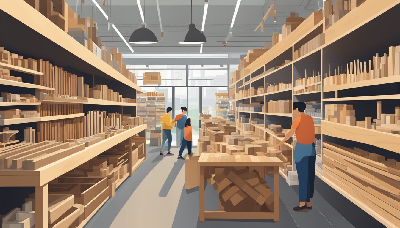 A bustling hardware store in Singapore displays a variety of wood types and sizes for DIY projects, with shelves neatly organized and customers browsing the selection