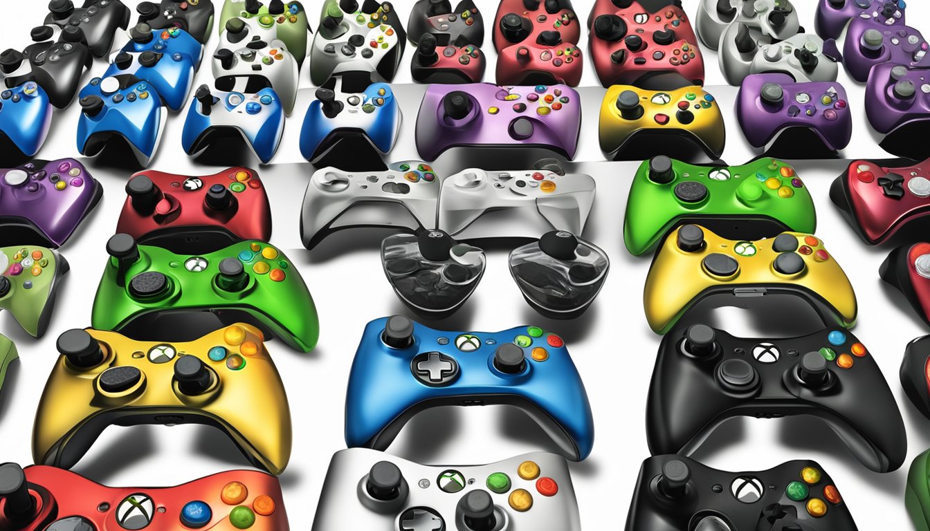 A display of Xbox 360 controllers in a Singaporean electronics store, with price tags and various color options available