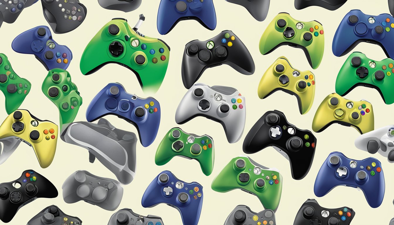A display of Xbox 360 controllers in a Singapore electronics store, with various colors and designs available for purchase