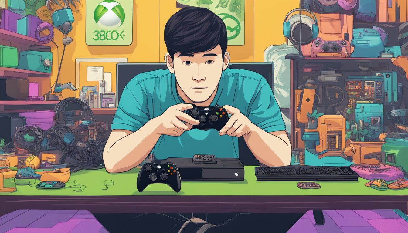 A person holding an Xbox 360 controller, surrounded by gaming accessories and a vibrant gaming setup, with a sign indicating "Where to buy Xbox 360 controller in Singapore."