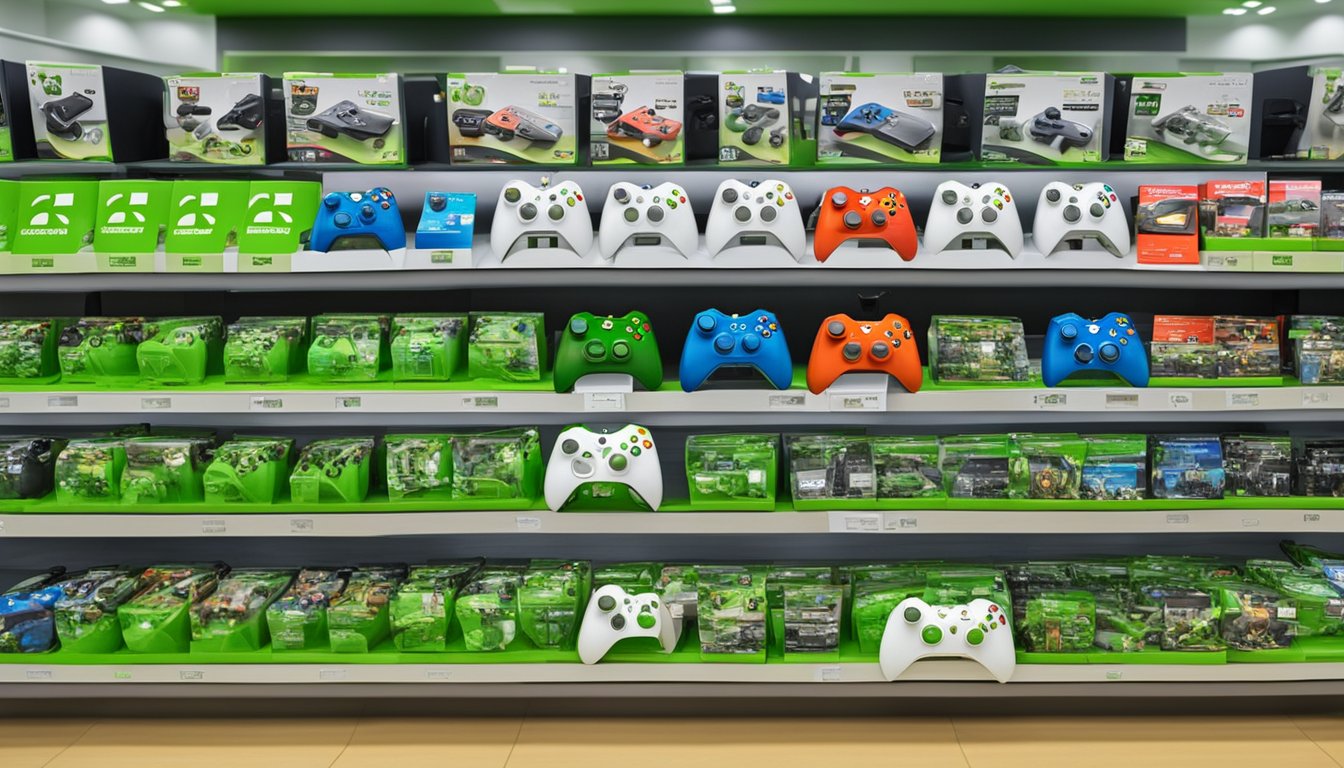A display of Xbox 360 controllers in a Singapore electronics store, with a sign reading "Frequently Asked Questions: Where to buy Xbox 360 controller in Singapore."