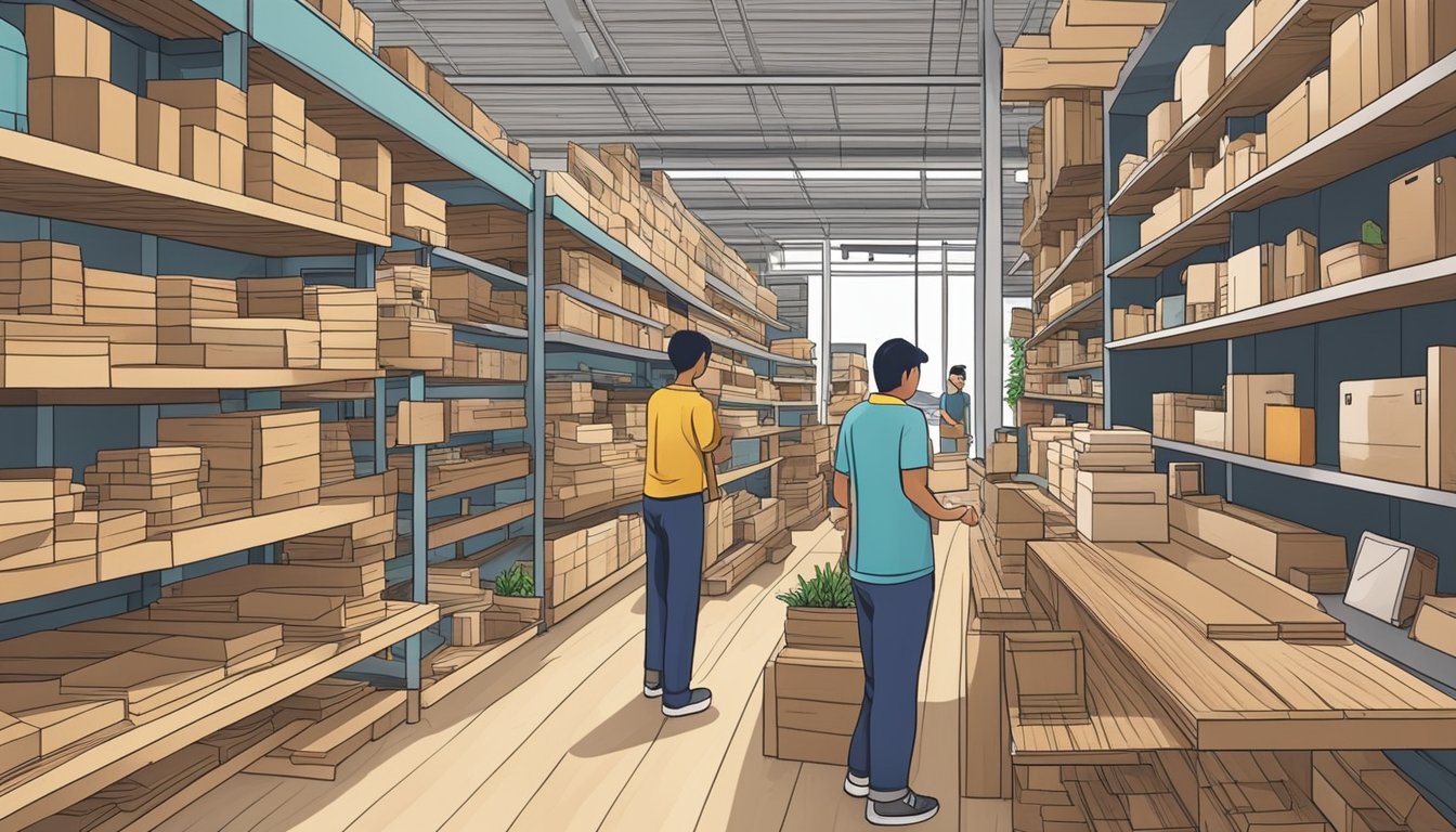 A bustling DIY store in Singapore, shelves stocked with various types of wood. Customers browsing, asking staff for assistance