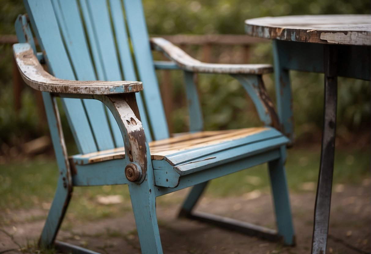 Polywood outdoor furniture: fading color, warping, and cracking. A neglected chair surrounded by peeling paint and deteriorating material