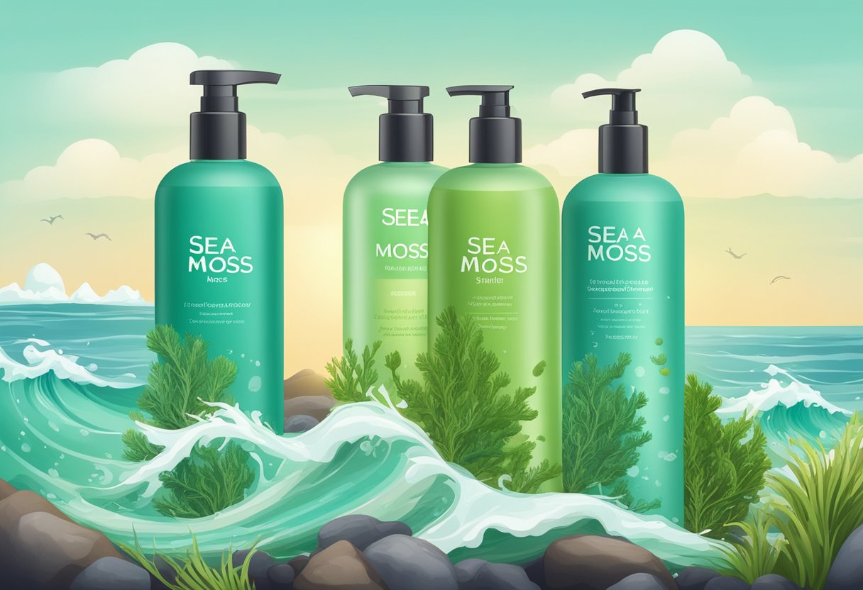 Sea moss shampoo bottles surrounded by various types of sea moss, with waves crashing in the background