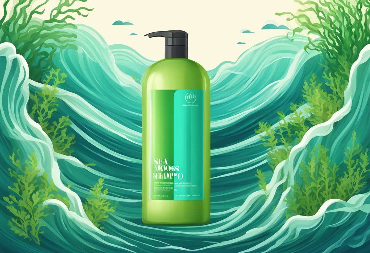 A bottle of sea moss shampoo surrounded by floating seaweed and ocean waves