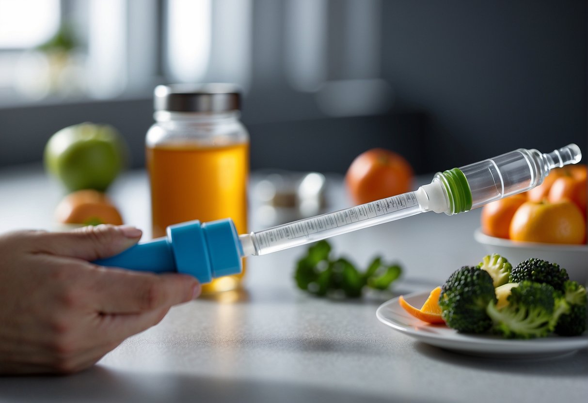 A syringe injecting a targeted area with a weight loss solution, accompanied by a healthy diet and exercise plan