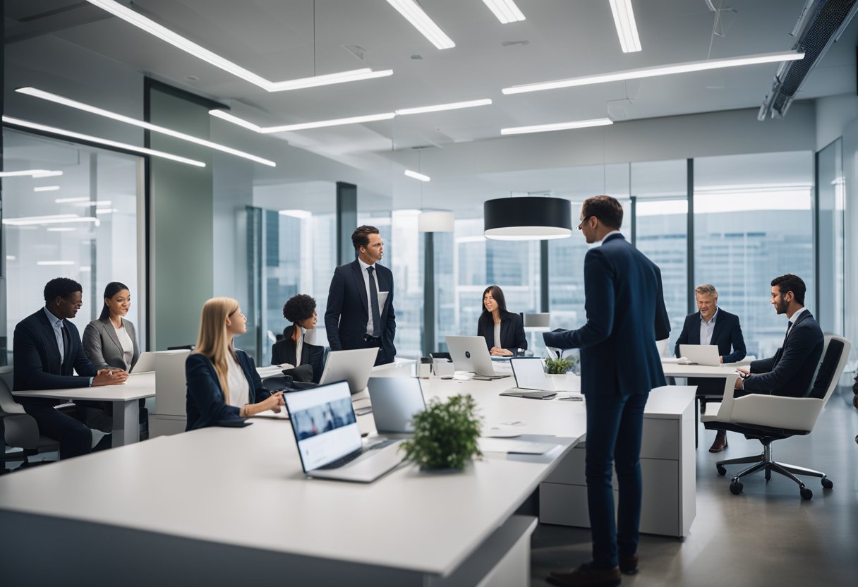 A modern office with AI art on display, legal documents neatly organized, and consultants discussing strategies