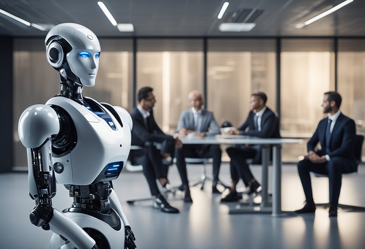 A futuristic AI robot consults with a group of lawyers in a sleek, modern office setting, surrounded by digital screens displaying AI art