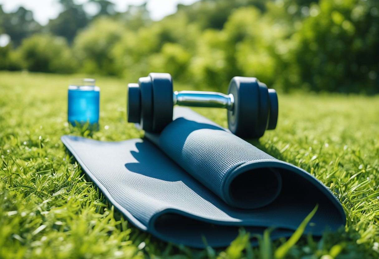 A serene outdoor setting with a clear blue sky and lush greenery. A yoga mat and dumbbells are placed on the grass, with a water bottle nearby