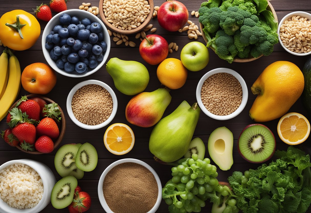 A table with a variety of healthy foods, including fruits, vegetables, lean proteins, and whole grains. A workout area with exercise equipment and space for physical activity