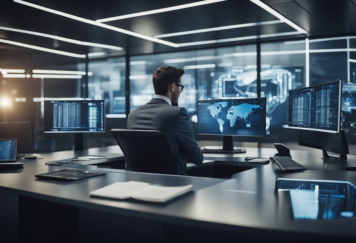 A futuristic office setting with AI algorithms displayed on screens, legal documents scattered on a desk, and a consultant discussing regulatory compliance