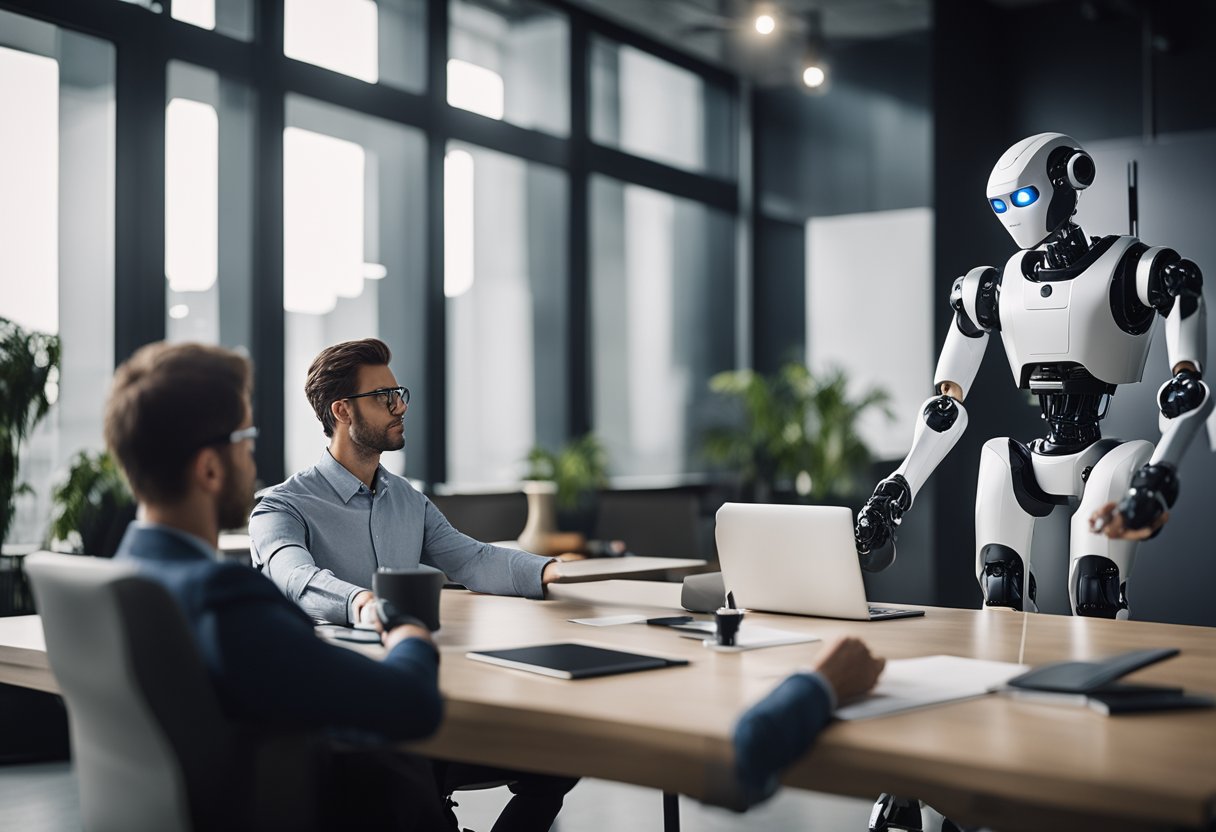 A robot mediator facilitates a resolution between two AI art creators in a sleek, modern office setting