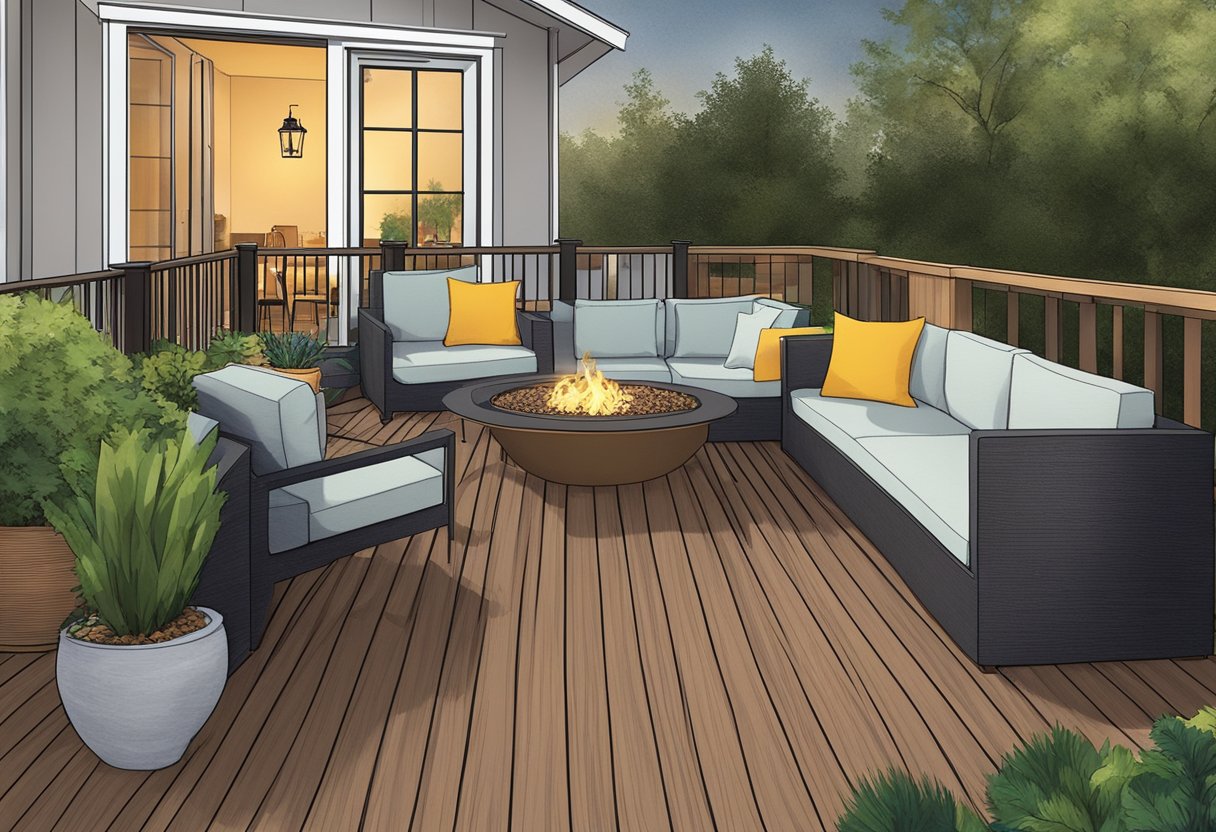 A backyard deck with composite decking, featuring a cozy seating area, potted plants, and a built-in fire pit
